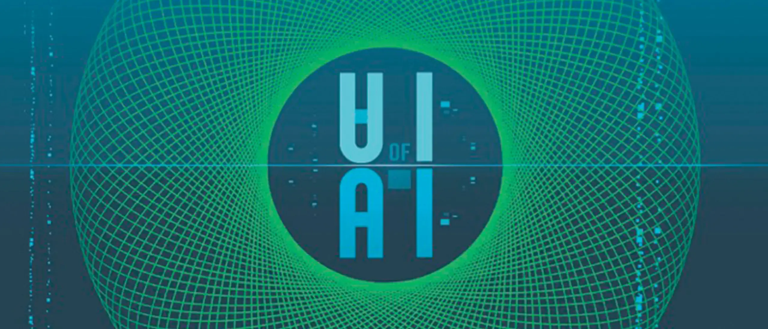 Stylized text "UI of AI" in blue, surrounded by a circular green grid pattern on a dark background.