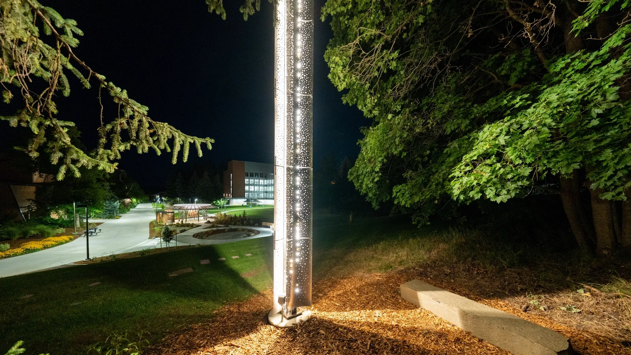 The Vandal Healing Garden on the University of Idaho Campus a night.