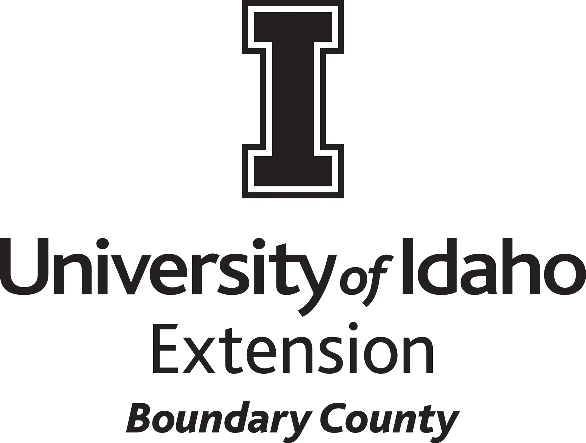 Stacked University of Idaho Extension Boundary County logo in all black - JPG file, all black color, RGB mode. Please select original file when downloading. For assistance, email: medialibrary@uidaho.edu