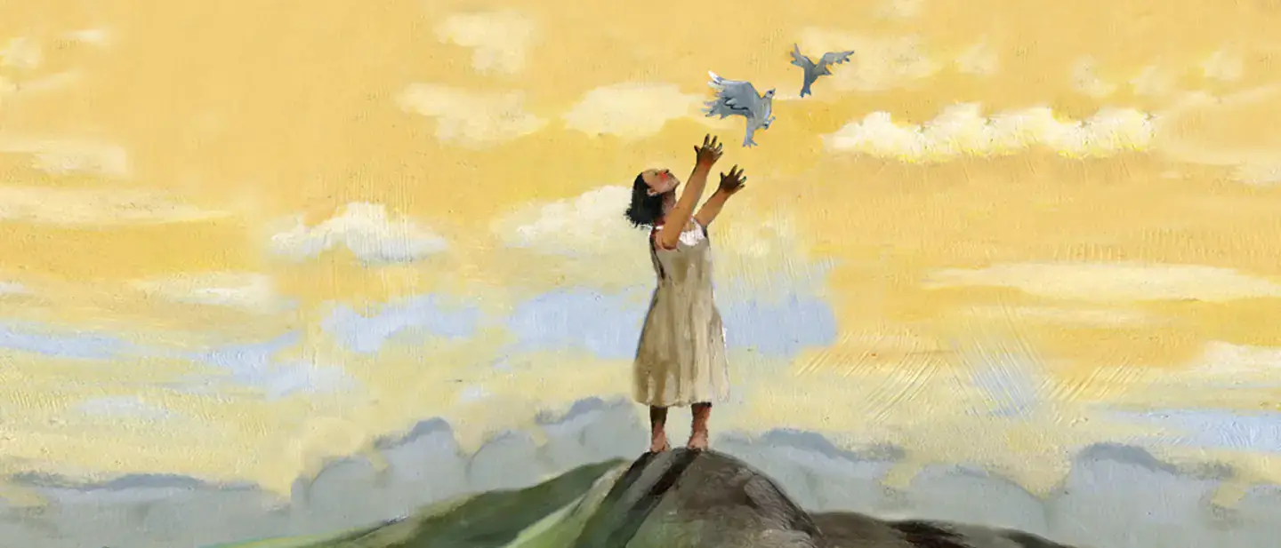 Banner image of a yellow backdrop with a girl reaching for a bird