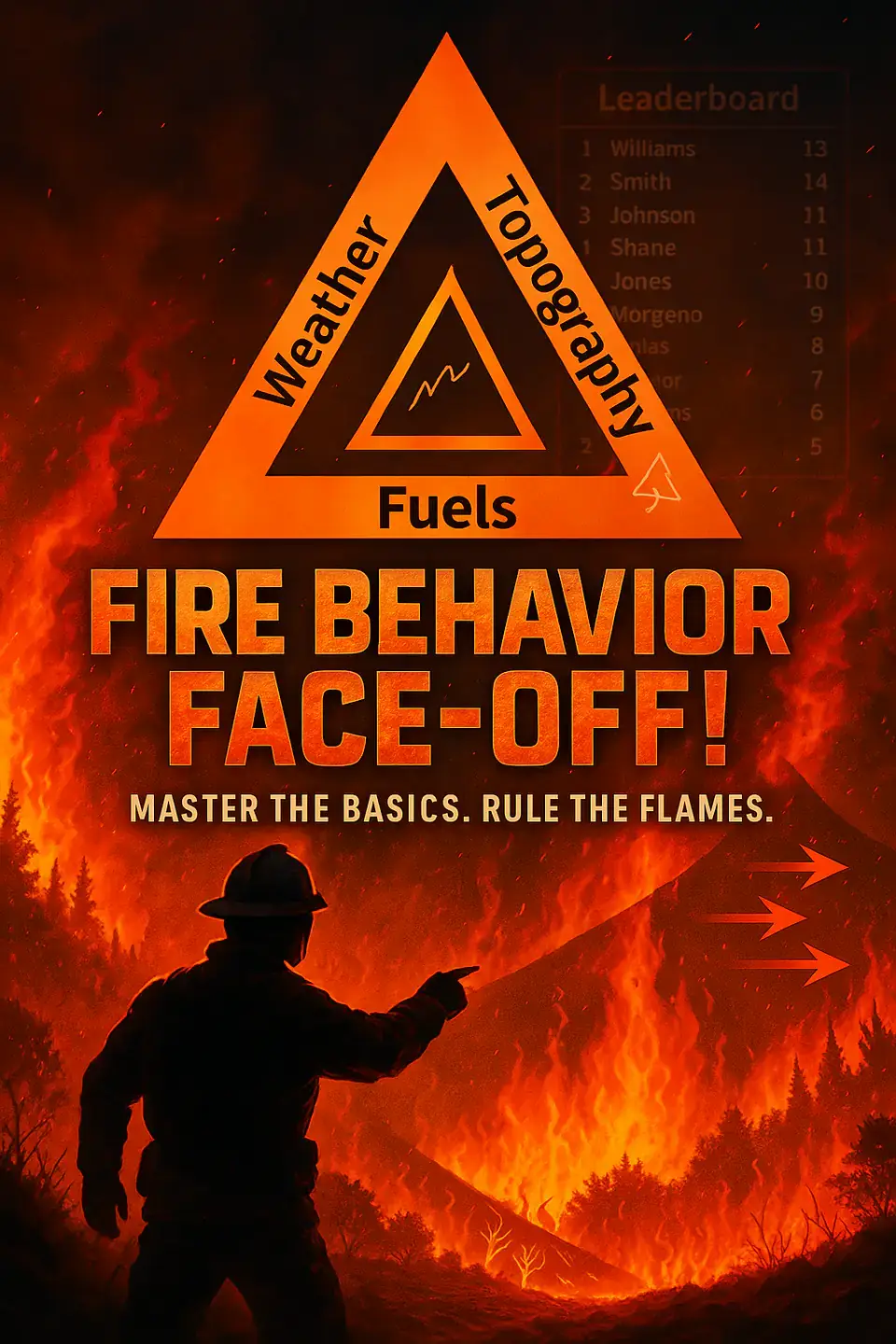 Screenshot graphic of a firefighter pointing at fire in the distance, superimposed with the text, "Weather, Topography, Fuels: Fire behavior face-off! Master the basics. Rule the flames."