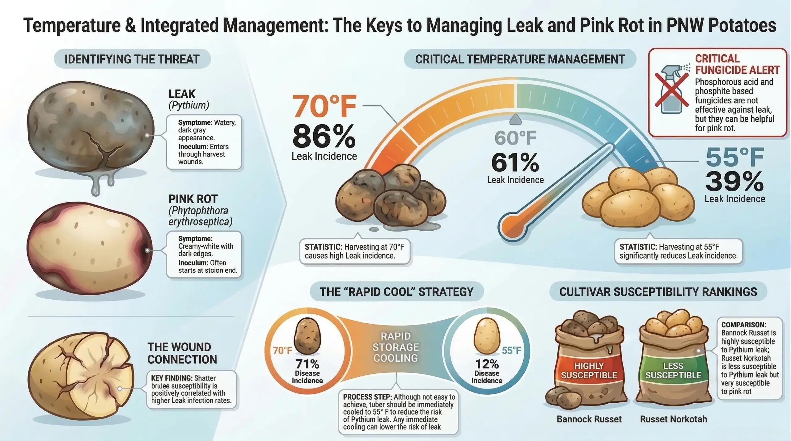 Illustrated infographic on Pythium Leak and Pink Rot in potato tubers. Tubers show Pythium Leak and Pink Rot symptoms. A temperature gauge shows Leak incidence rising with harvest temperature and a diagram shows rapid cooling to 55°F cuts disease incidence from 71% to 12%. A warning box notes phosphite fungicides help Pink Rot but not Leak. Sacks of tubers compare Bannock Russet and Russet Norkotah susceptibility to the two diseases.