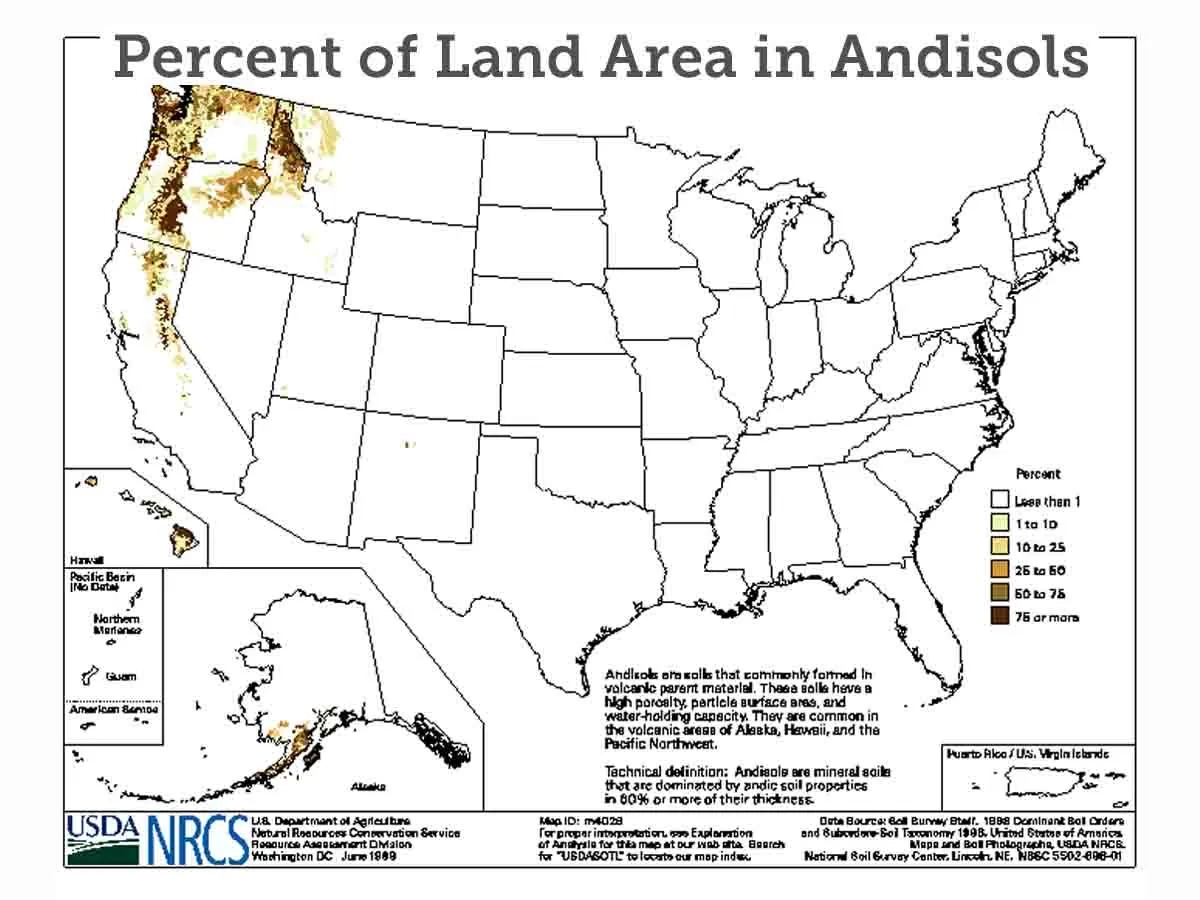 A map showing the percent of land area with andisols