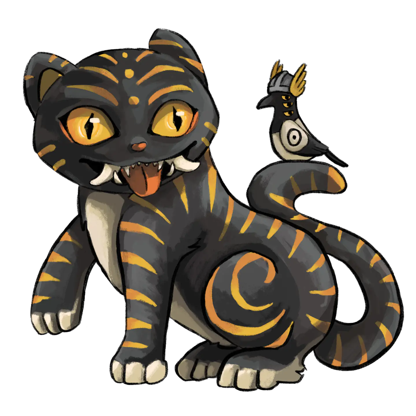 A cartoon-like tiger-striped feline with large yellow eyes, prominent tusks, and a small bird perched on its tail.