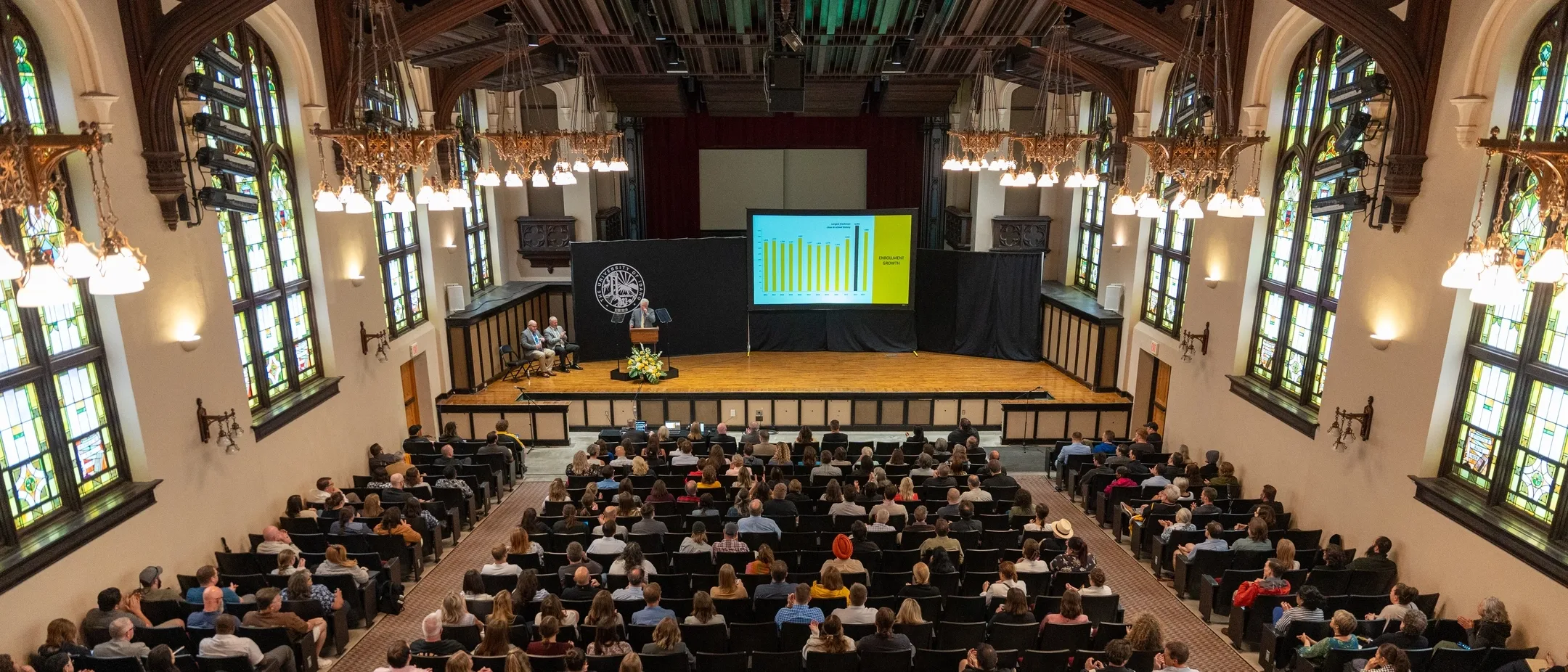 President Green and other speakers at the State of the University Address in the Admin Auditorium in August 2024.