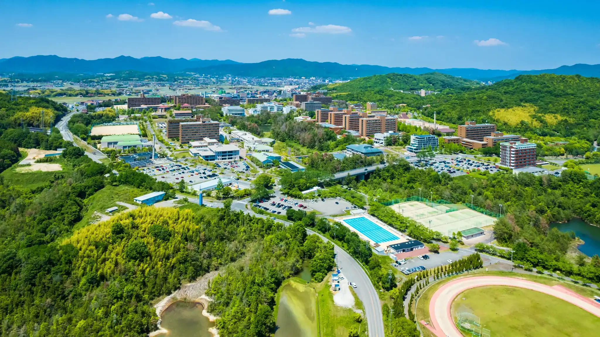 Aerial view of university campus.
