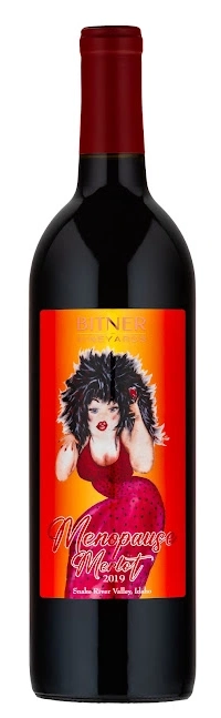 A bottle of Menopause Merlot ‘19 by Bitner Vinearyds, Caldwell, Idaho, depicting a drawing of a white woman with black hair in a red dress.