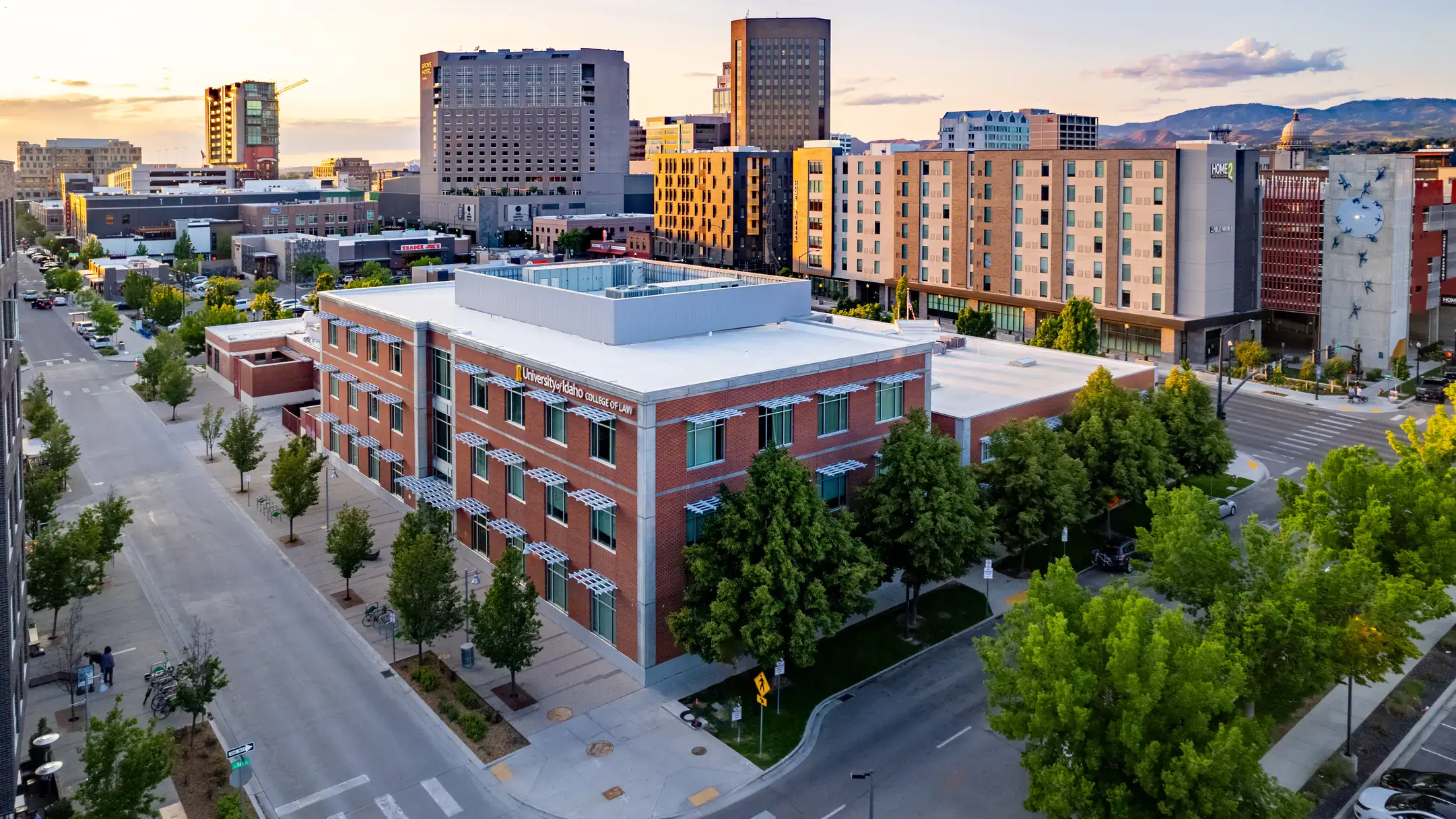 Oblique aeral of the University of Idaho Boise College of Law building in Downtown Boise Idaho.