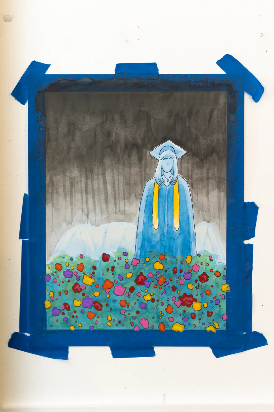 A watercolor painting of a blue figure in graduation cap and gown amongst gray sky and flowers taped to a wall.