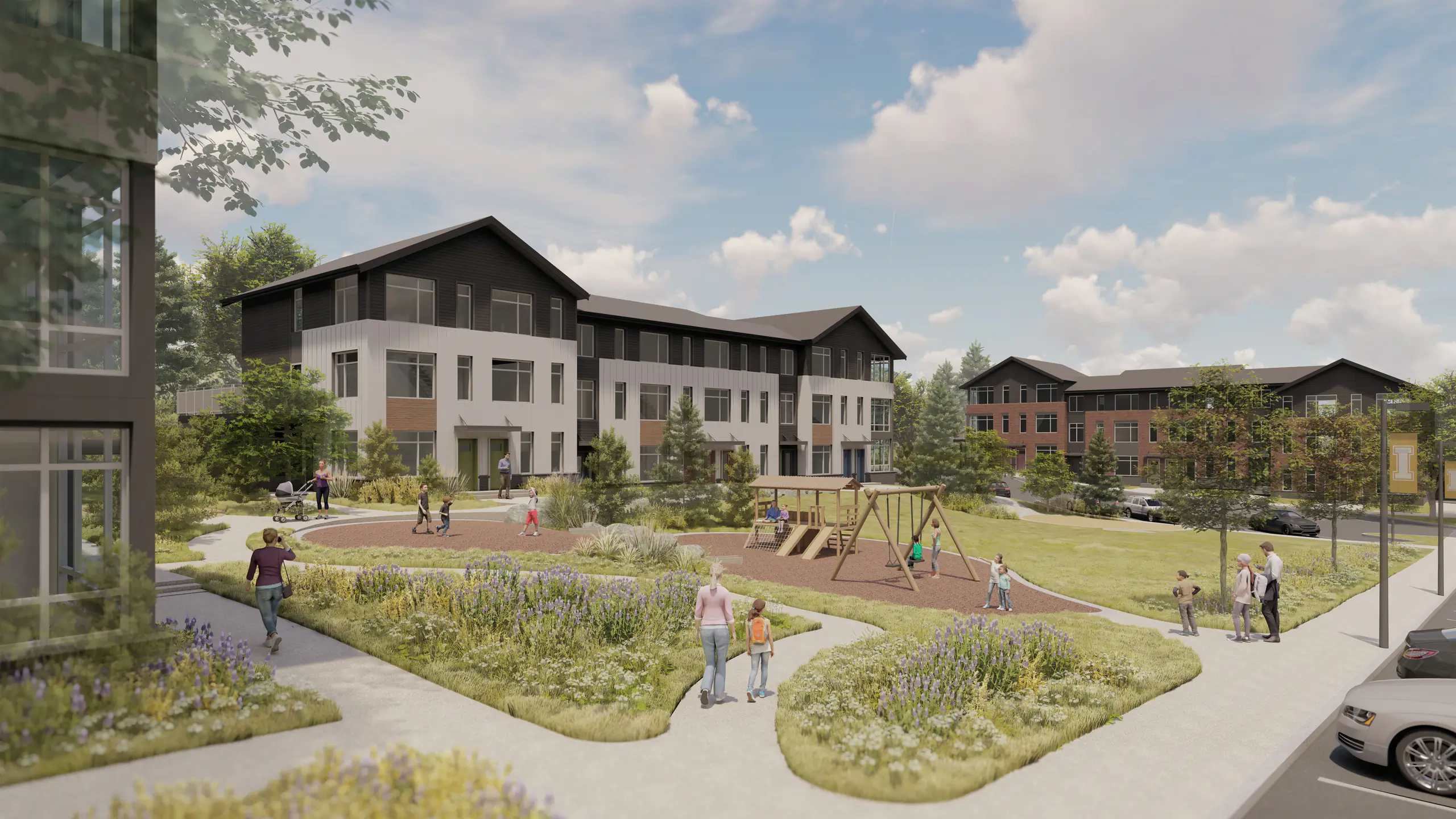 An artist rendering shows a playground with families in front of new multifamily housing units. 