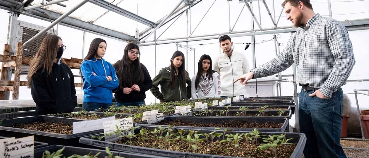 U of I students in a greenhouse listening to a teacher who is pointing at plants. 