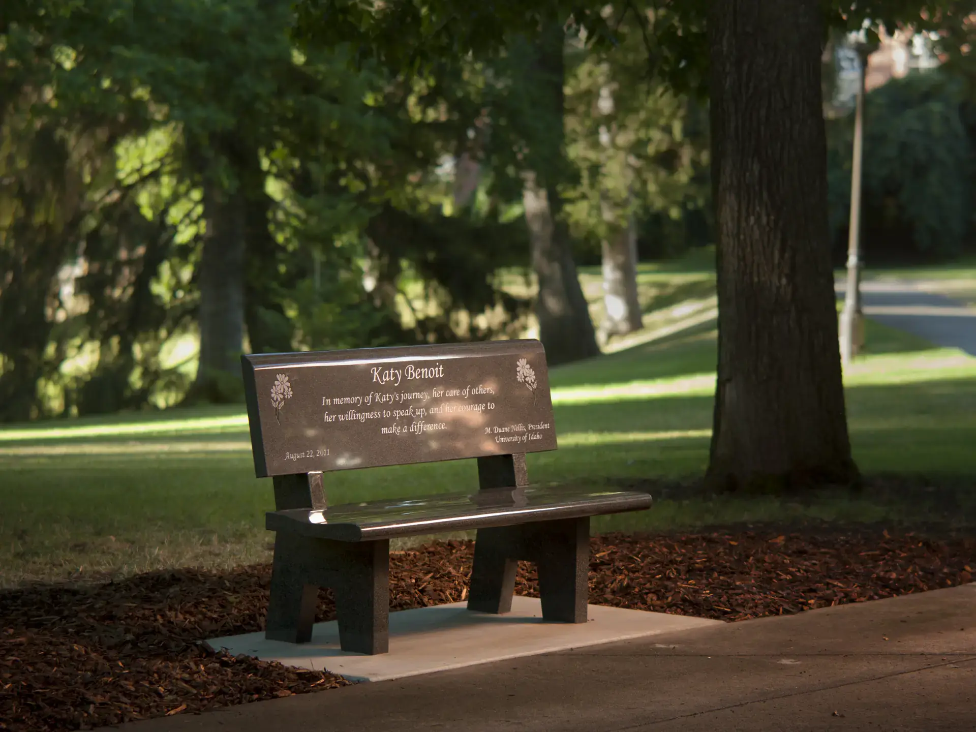 Memorial Bench for Katy Benoit on the Administration Building Lawn