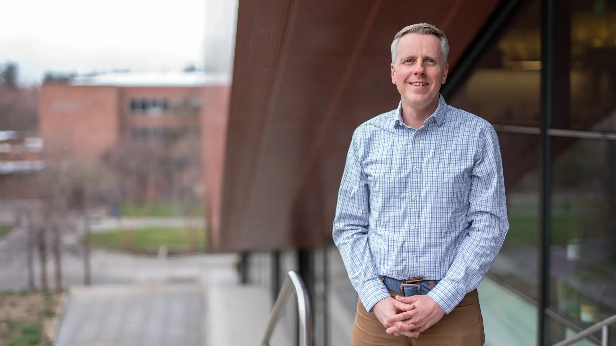Portrait of Associate Professor Nate Schiele, of the College of Engineering, at the Integrated Research and Innovation Center (IRIC) on Wednesday, April 1, 2026. 