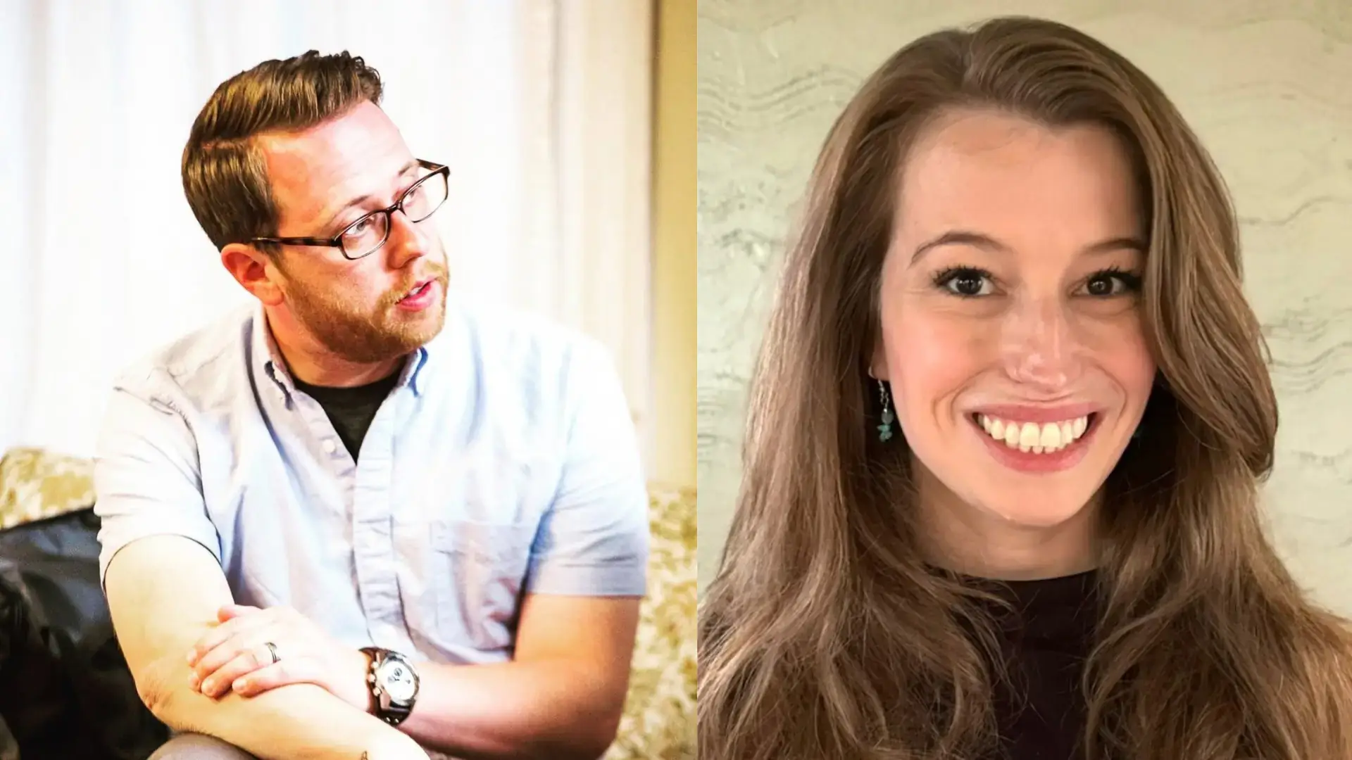Side-by-side portraits of a man with glasses in a light blue shirt and a smiling woman with long brown hair.
