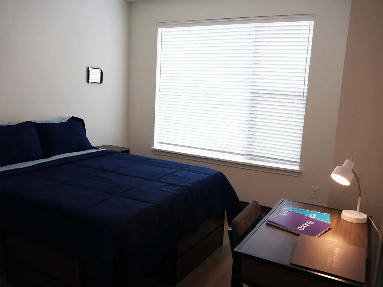 Primary bedroom in a Vandal Village Family Housing apartment with a bed, desk workspace, and large window providing natural light.