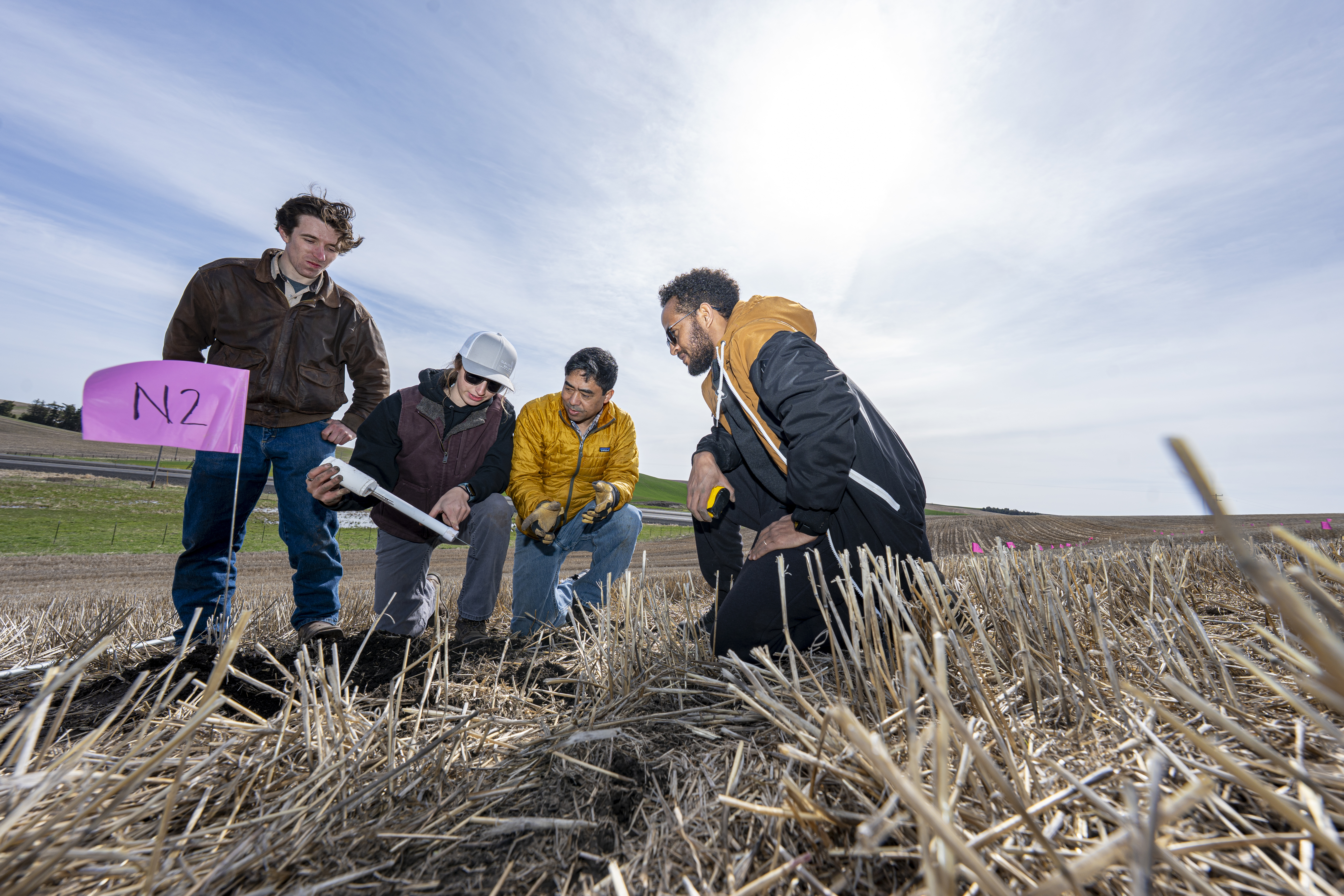 Professor Dev Shrestha, Associate Professor Russ Qualls and students do Palouse Soil Moisture Project research, as part of a 3-year study, at University of Idaho’s field research farm, Kambitsch Farm, near Genesee, ID Thursday, April 10, 2025.