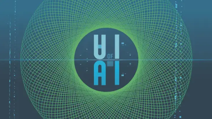Graphic with a circular, mesh-like pattern surrounding the text 'UI of AI' in blue on a dark background.