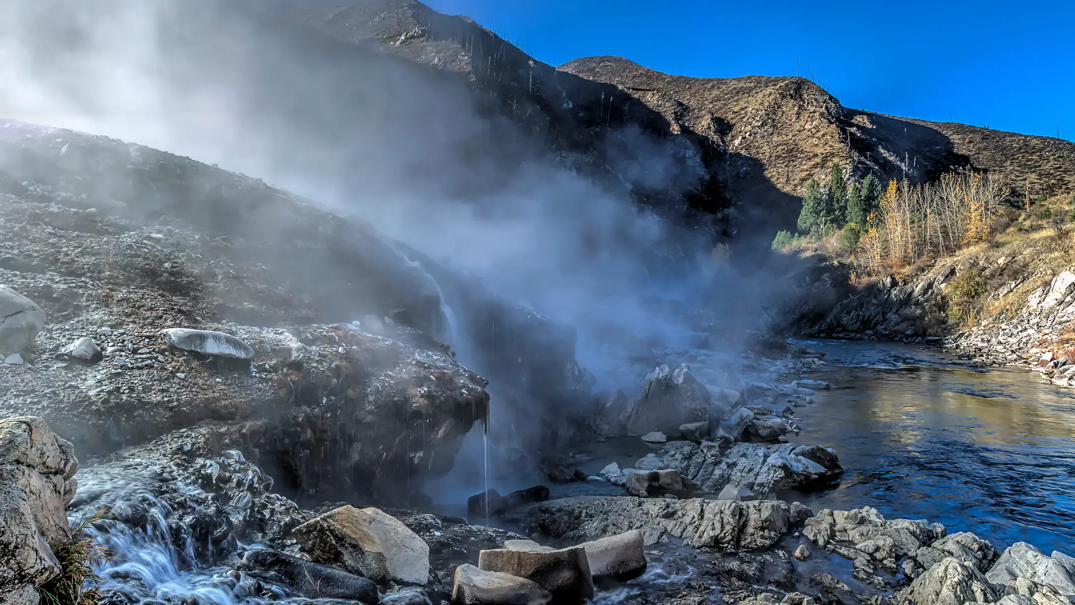 Steam rises from Kirkham Hotsprings in Idaho. 