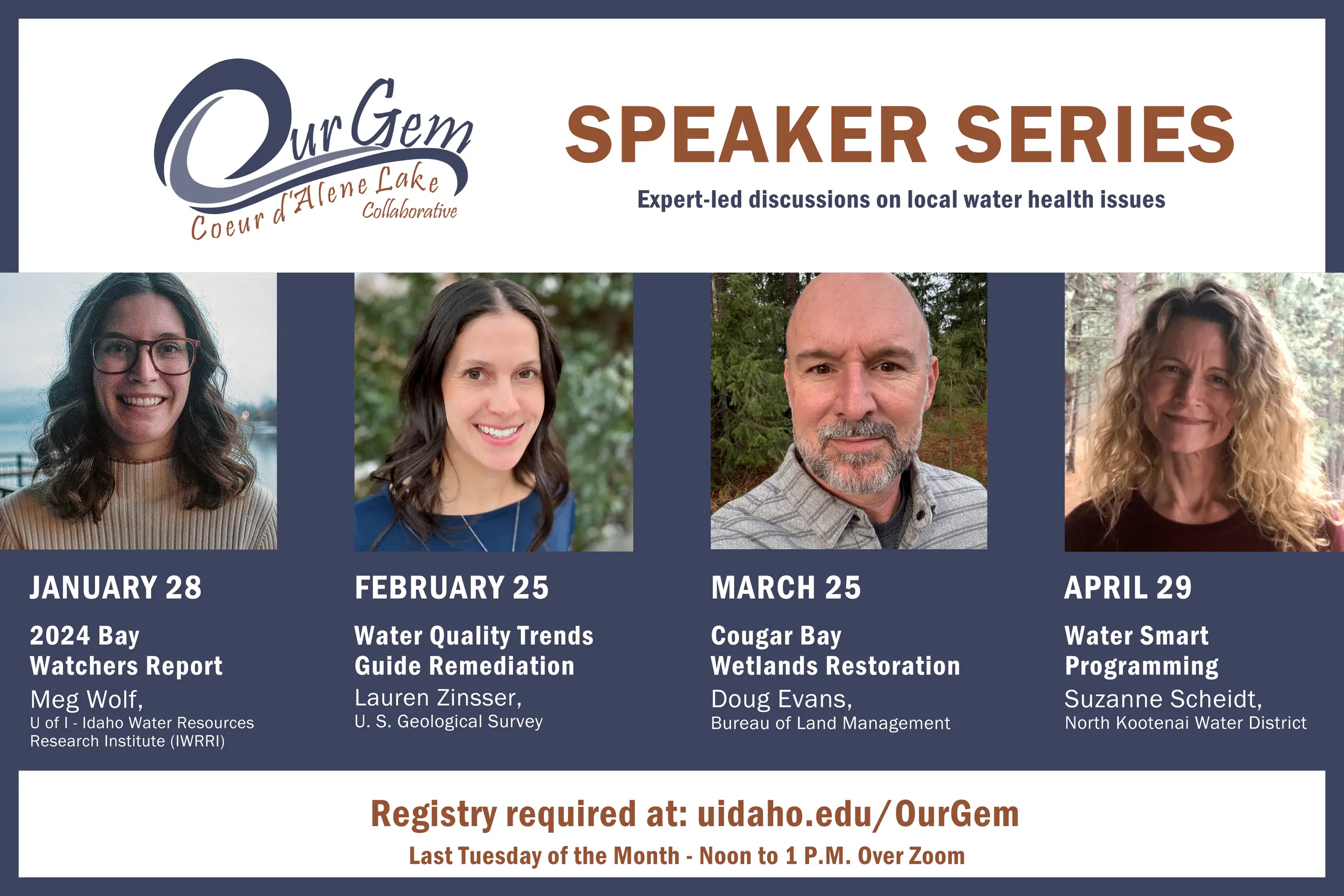 The flyer for 2025 the Our Gem Coeur dAlene Lake Speaker Series