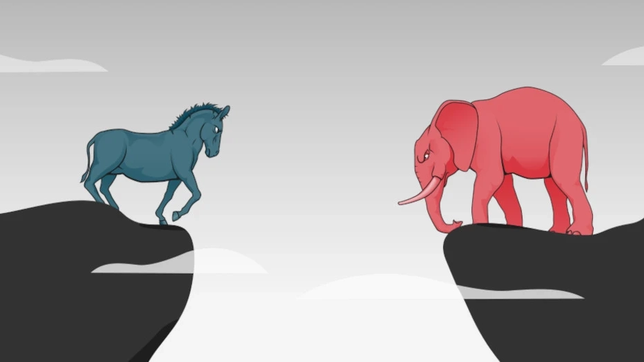 Stylized illustration depicting a donkey at the edge of one cliff looking over a canyon to an elephant on another cliff