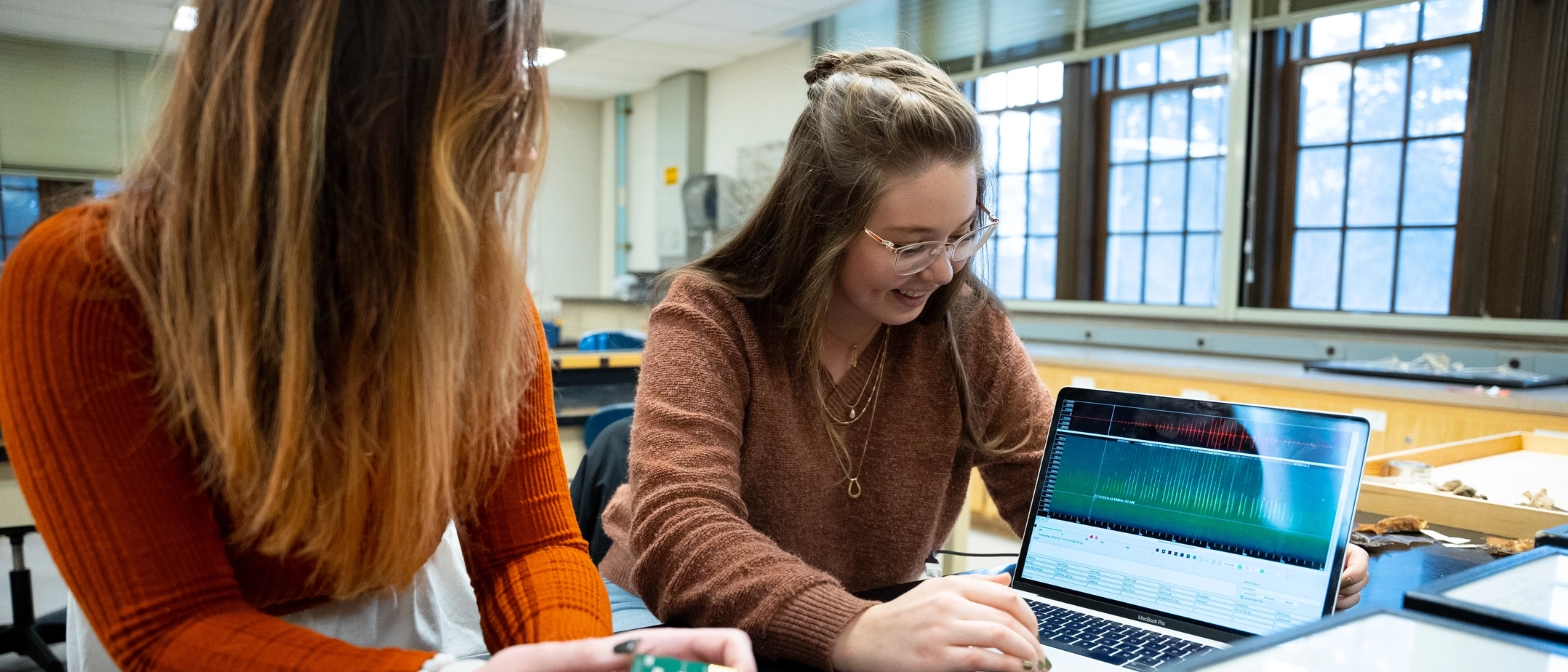 College of Natural Resources ecology and conservation biology feature on analyzing bat echolocation recordings from the field in the mammalogy lab.