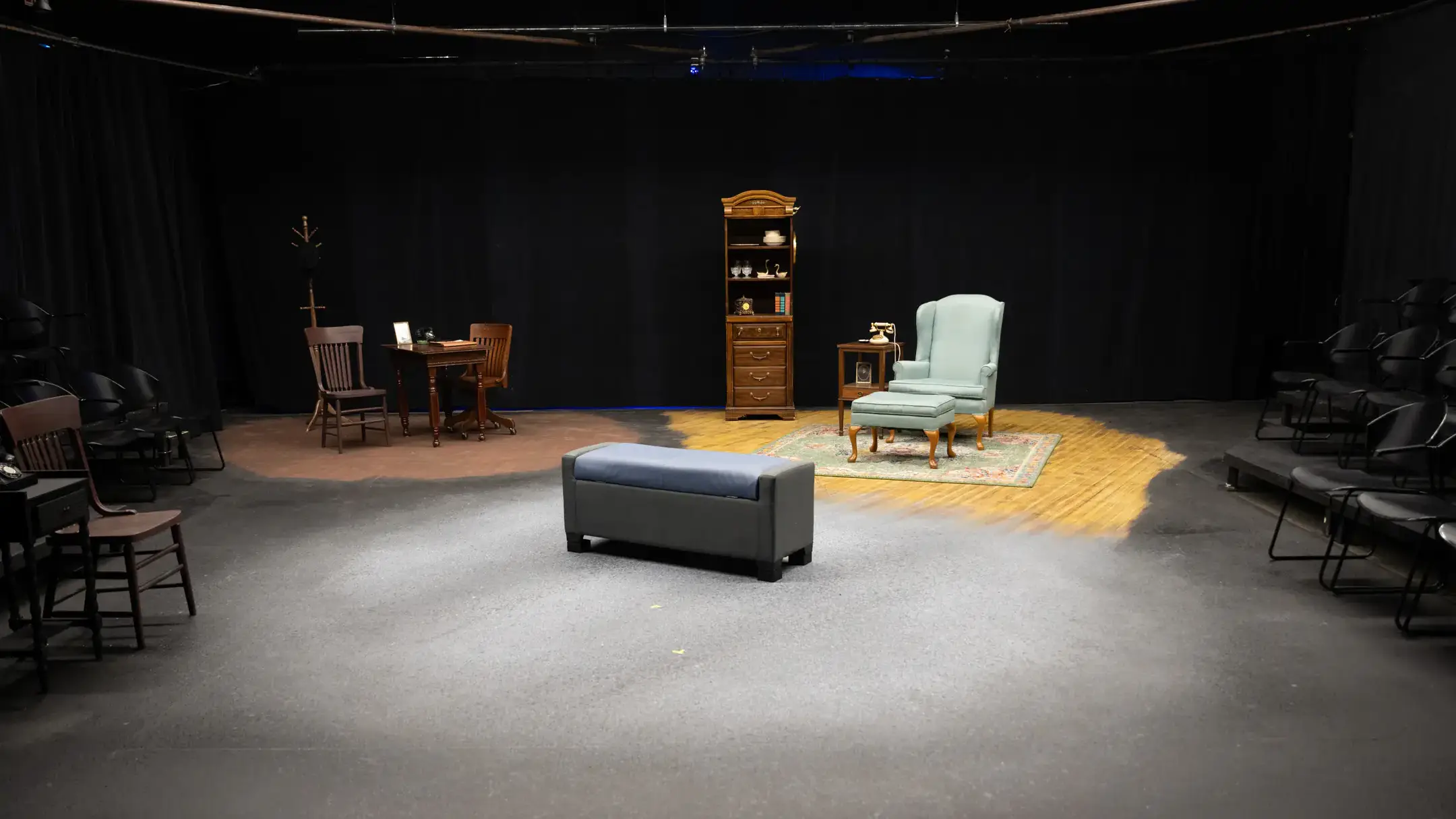 Forge Theater interior. The Forge is a black box experimental theatre with moveable seating.