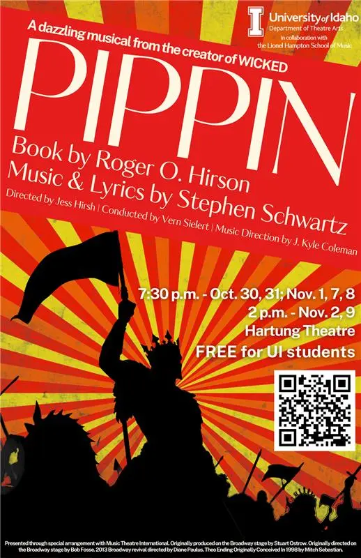 Poster of the musical Pippin, a kings silhouette in front of a red and yellow background