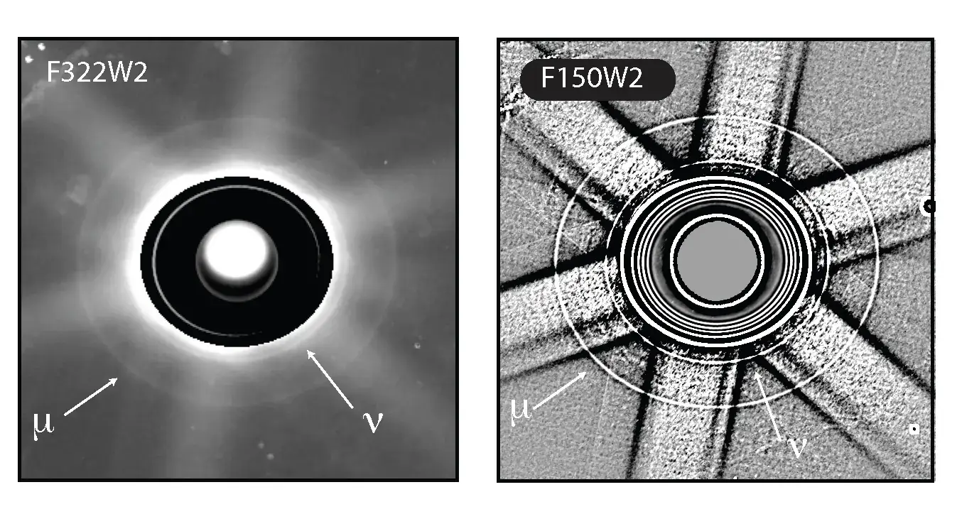 Two black and white images of Uranus’s rings.
