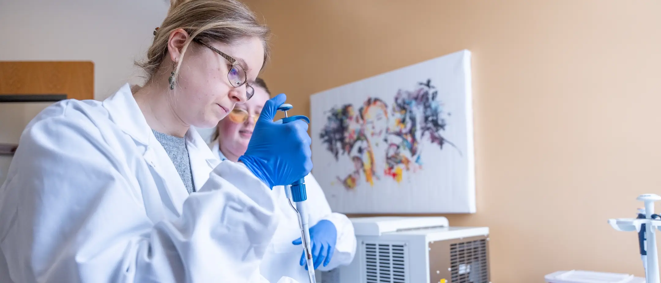 Cassandra Partridge and Alexandra Gogel, who are studying nutrition sciences, will be the first Family and Consumer Sciences students to receive Ph.D.s this spring. They are pictured at the Niccols Building at the University of Idaho campus in Moscow, ID on March 17, 2025.
