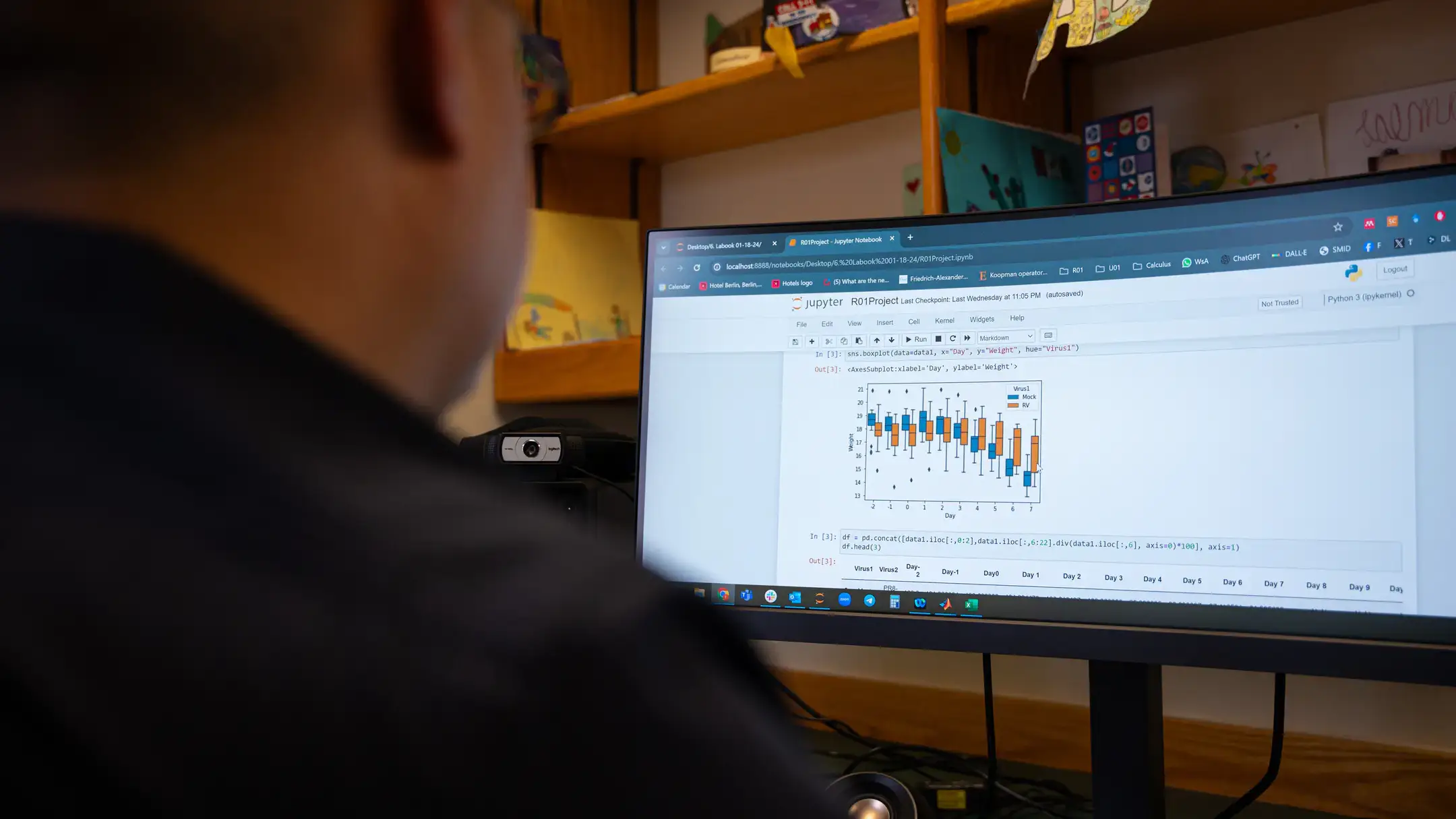 Assistant Professor of Mathematics Esteban Hernandez-Vargas reviews box and whisker graphs on a computer with data from virologist that will be used to build mathematical models to mitigate viral infections.