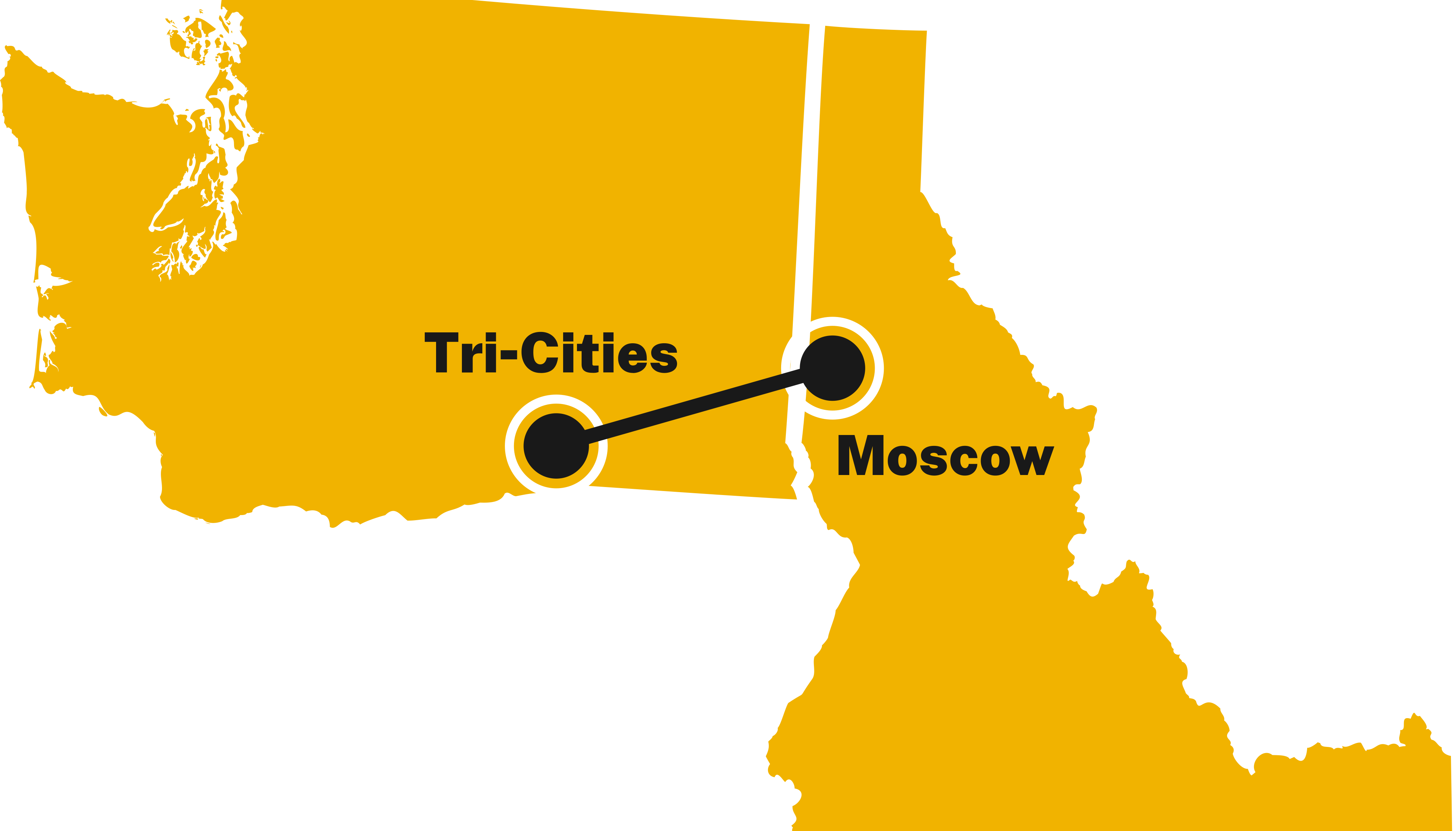 A simple graphic of Idaho and Washington state. A line connects the Tri-cities, Wash. to Moscow, Idaho.