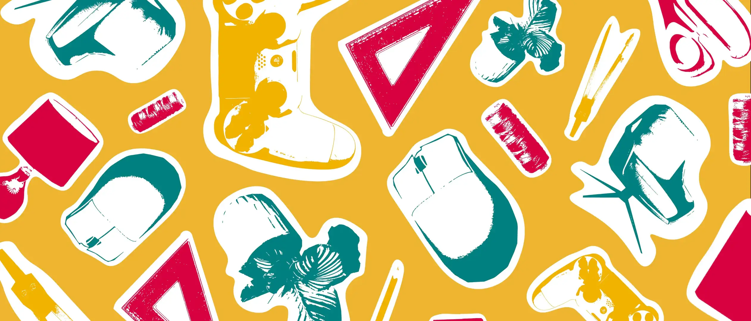 A graphic of a computer mouse, a chair, a gaming controller and a lamp.