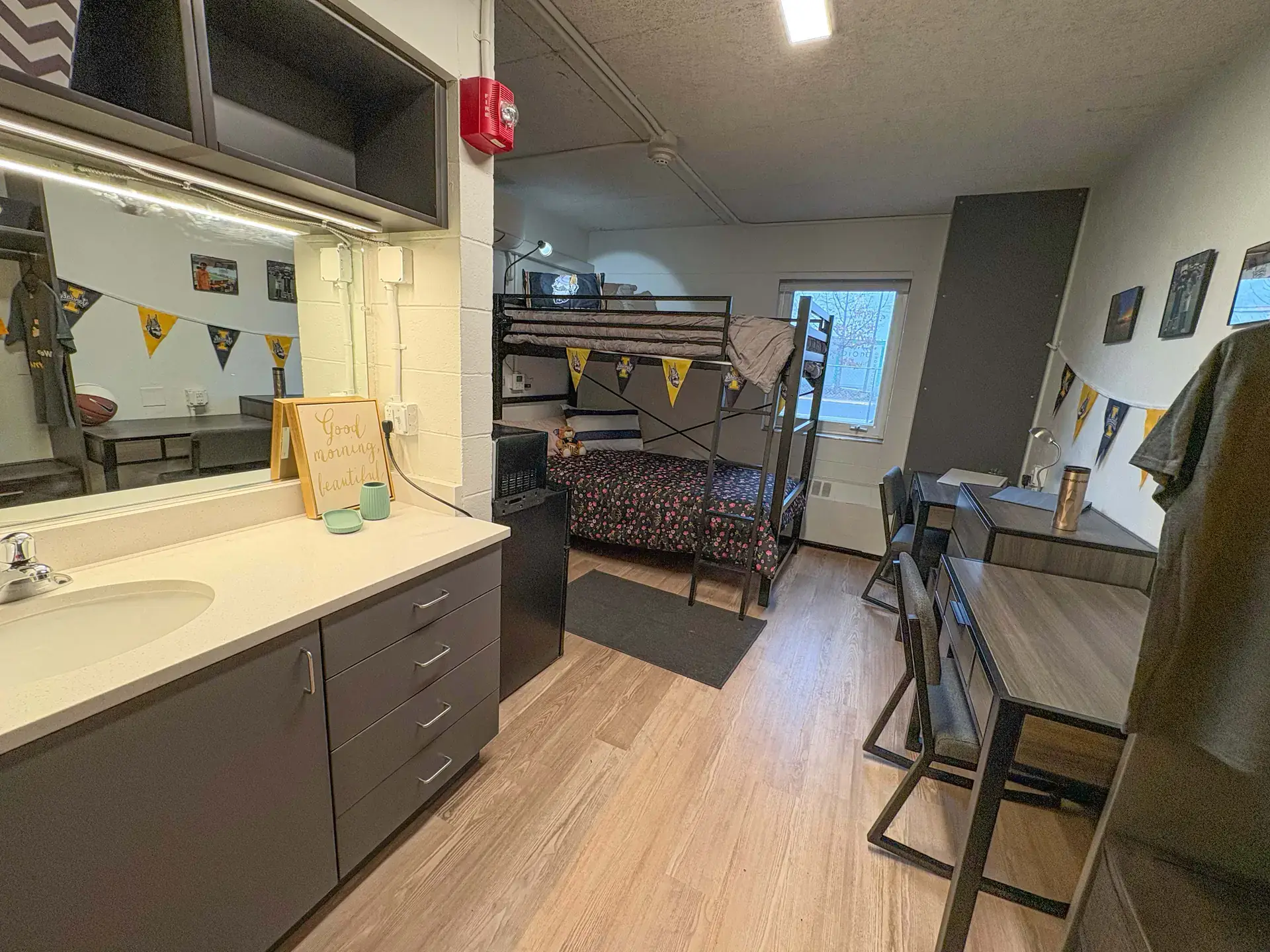 The renovated dorm room's bunk bed.