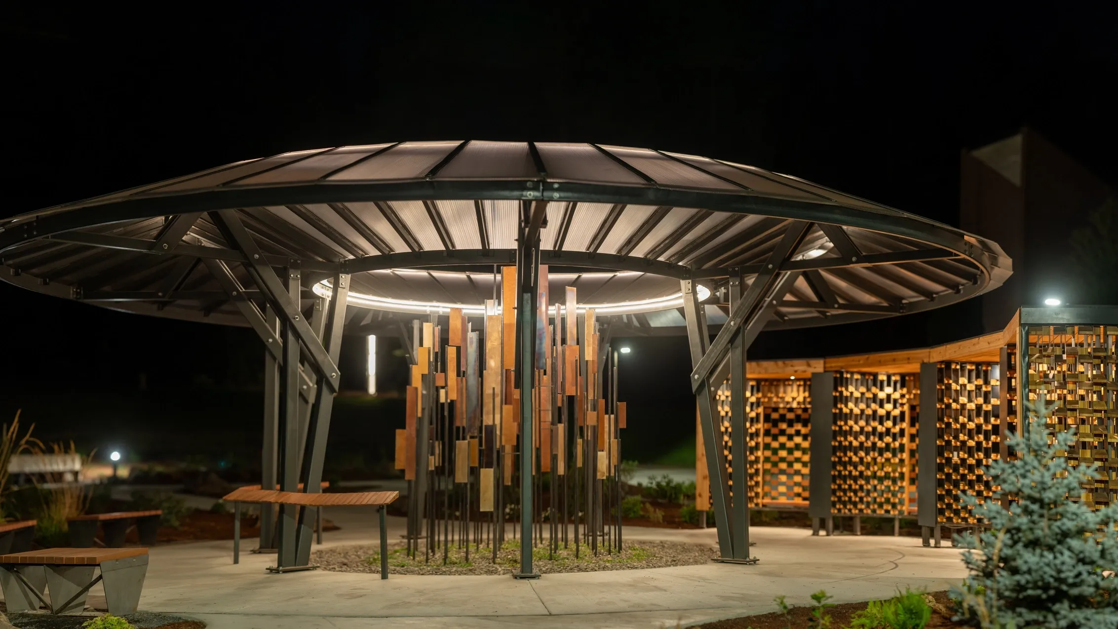 The Vandal Healing Garden on the University of Idaho Campus a night.