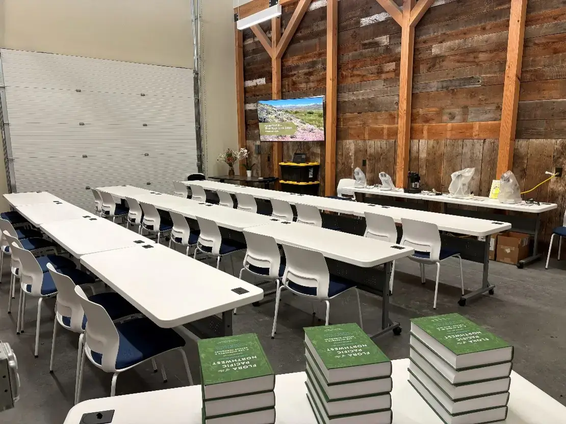 A classroom setup with white tables paired with white chairs having blue seats. A screen and supplies are visible at the front.