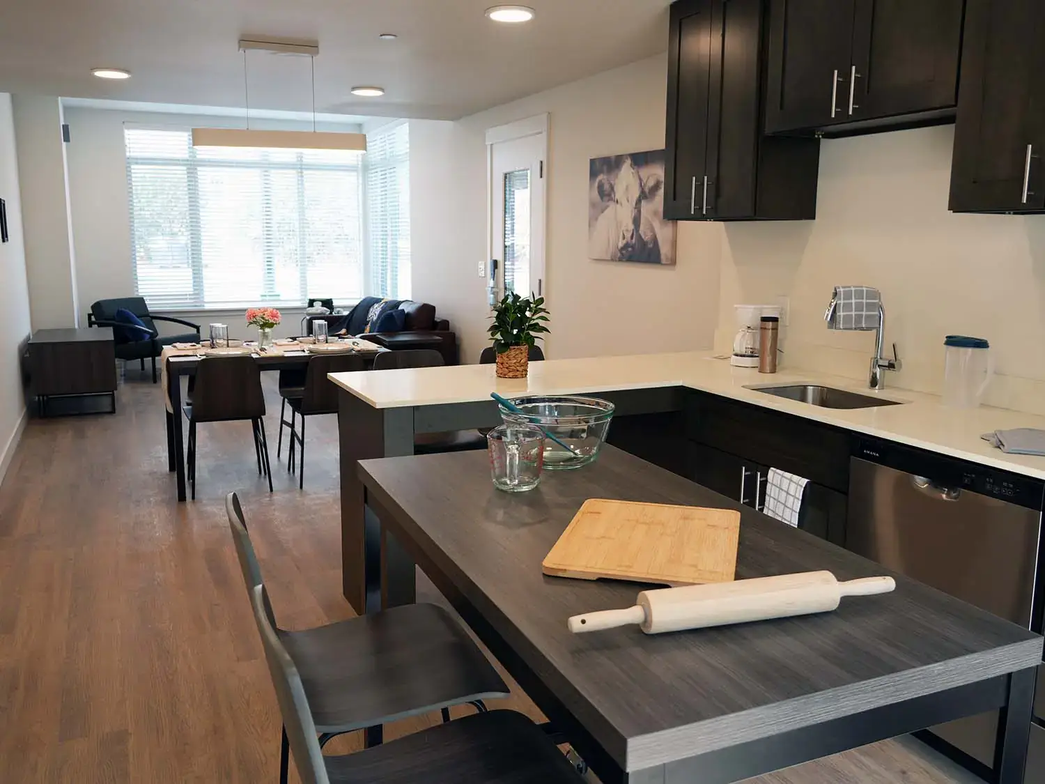 Open-concept living space in a Vandal Village Family Housing apartment showcasing the kitchen, dining area, and living room.