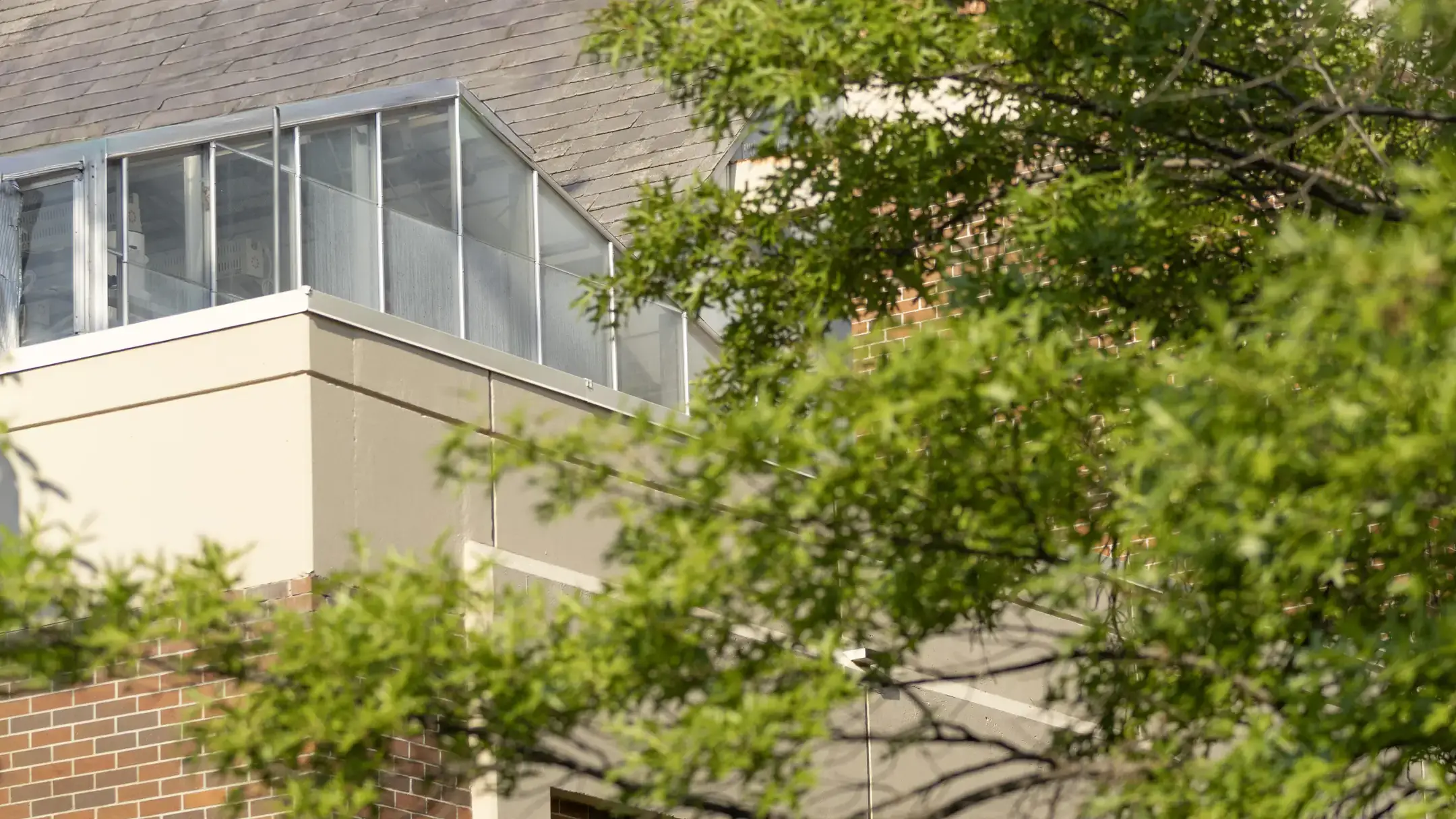 A building with a glass enclosure - greenhouse - on the roof, partially obscured by trees in the foreground.