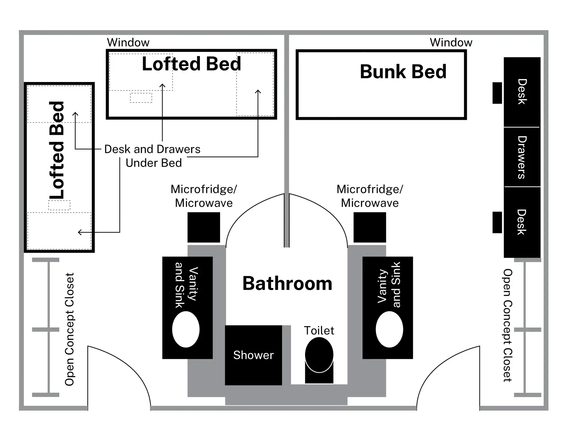 A floorplan for the renovated Wallace dorm room, showing one room with two lofted beds along a neighboring walls with desk and drawers under the bed, and a neighboring room containing a bunkbed along one wall and desks and drawers on a neighboring wall.