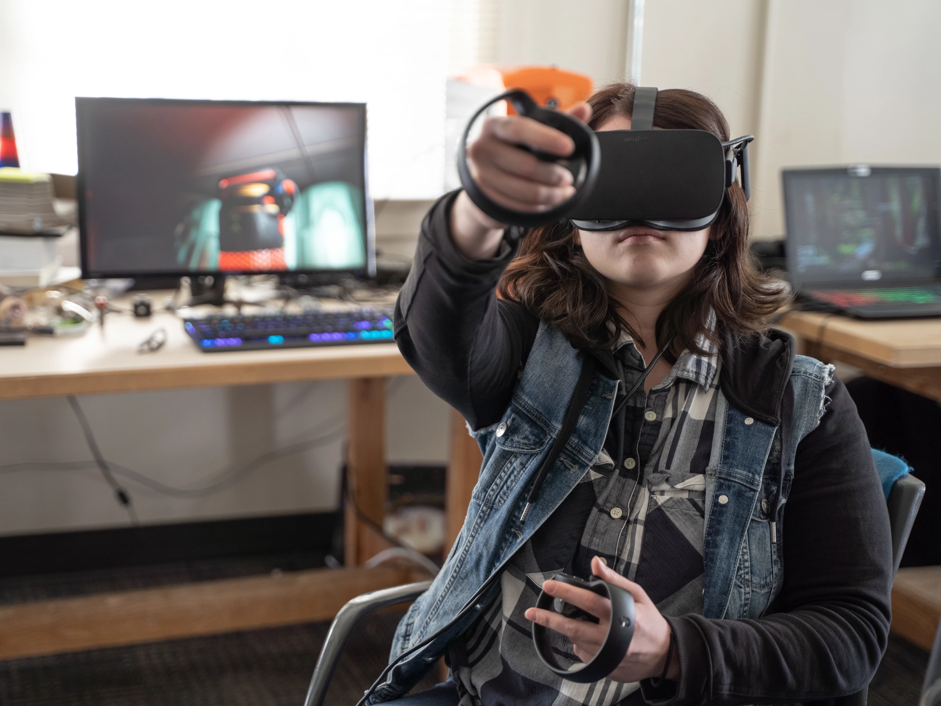 Student wearing VR goggles