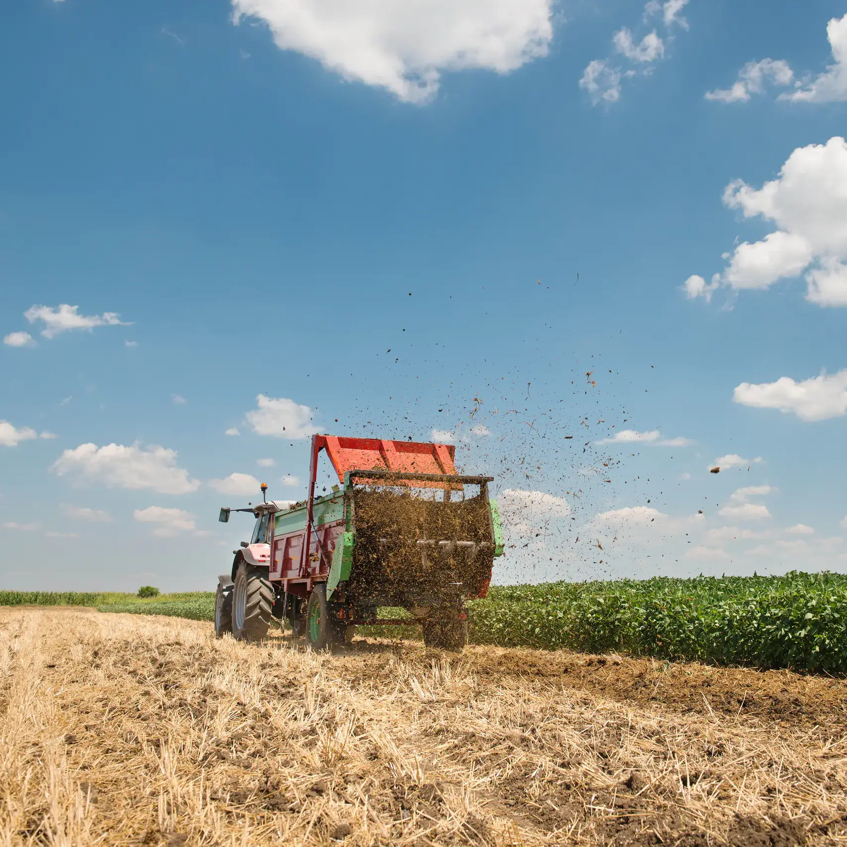 Manure spreader working in field of harvested wheatwater photos and files