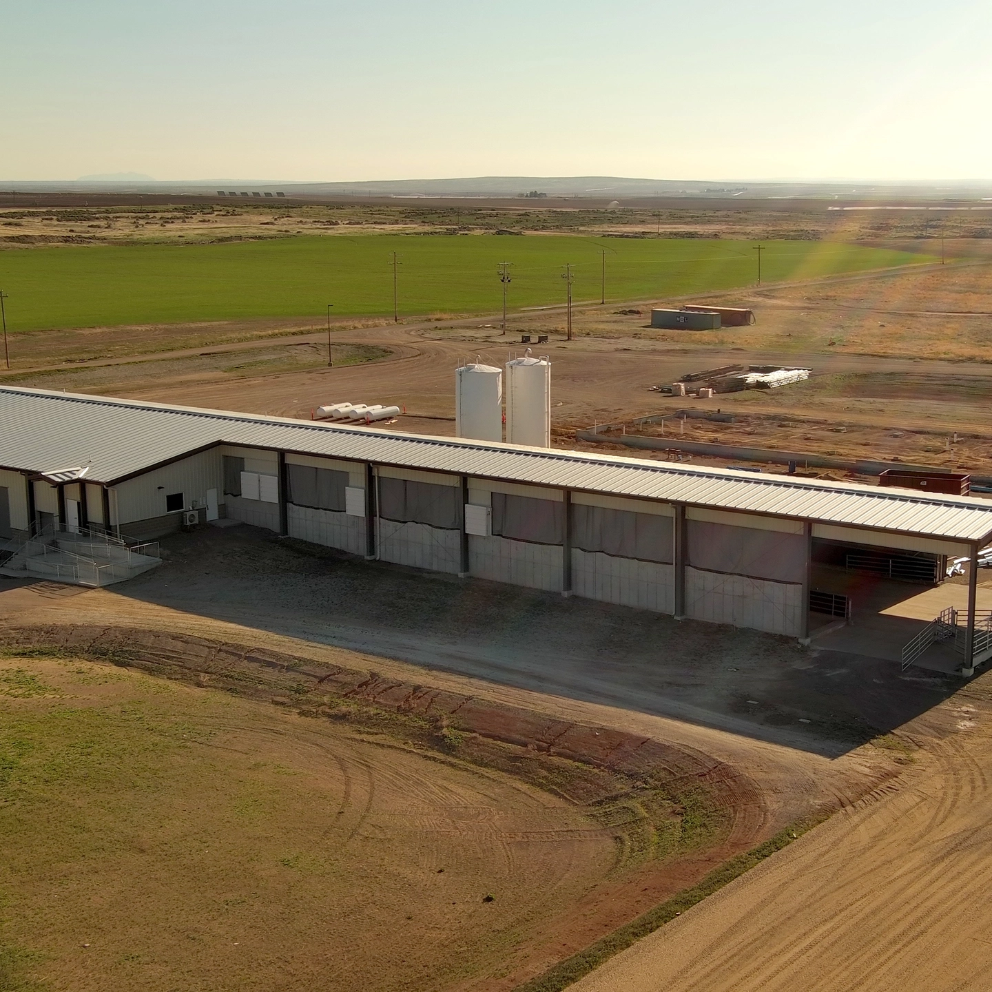 An aerial shot of a newly built building