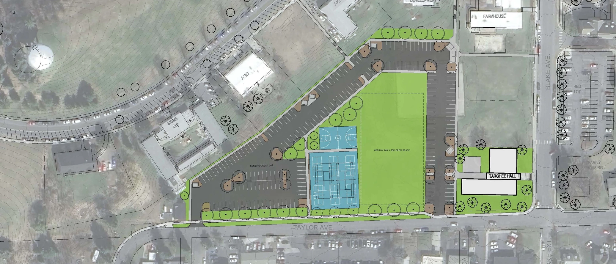 Aerial view map with rendered development plans including buildings and a field