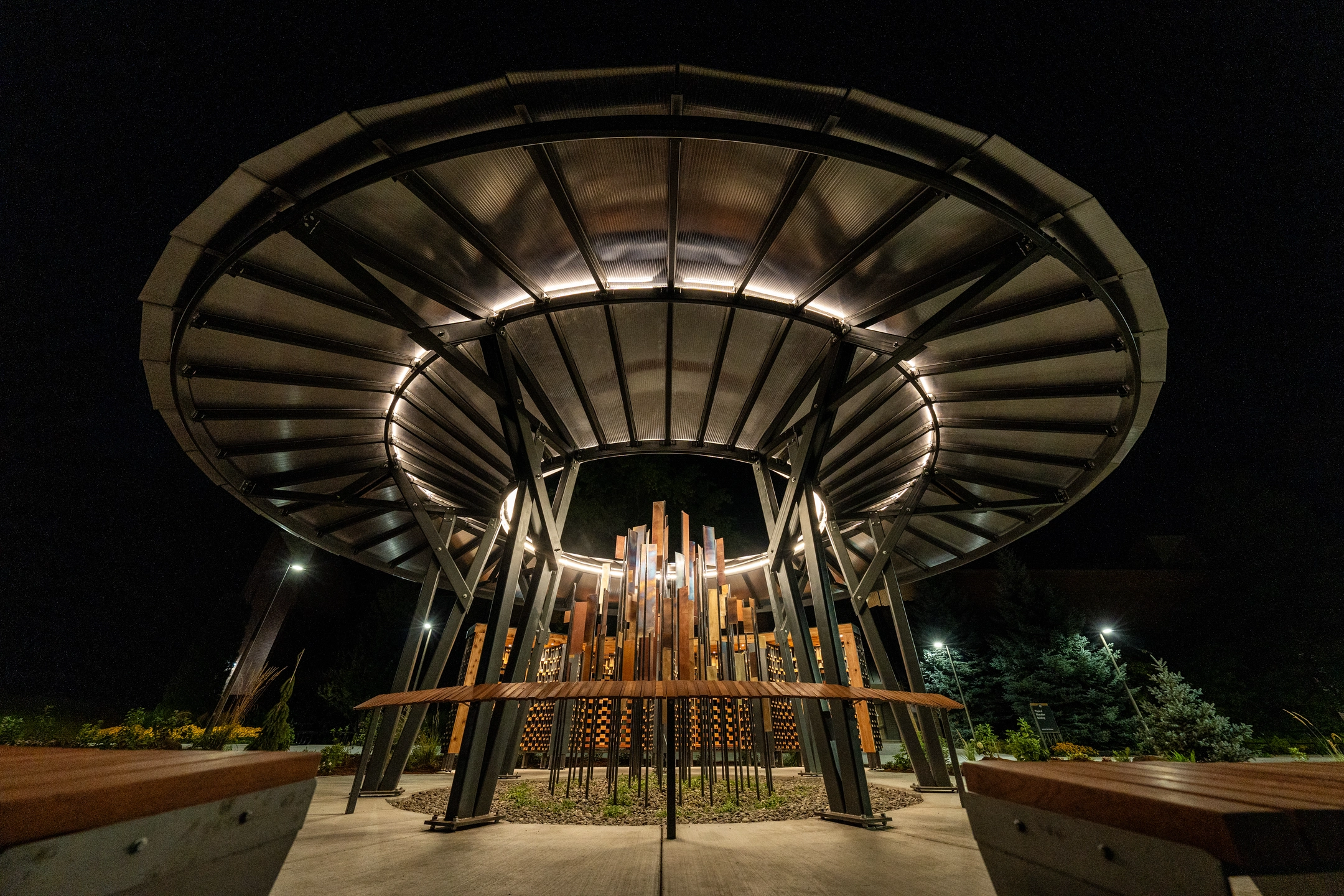 The Vandal Healing Garden on the University of Idaho Campus a night.