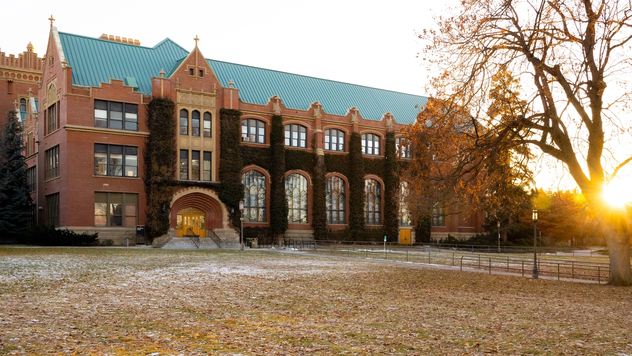 The Admin Building at sunset, between fall and winter.
