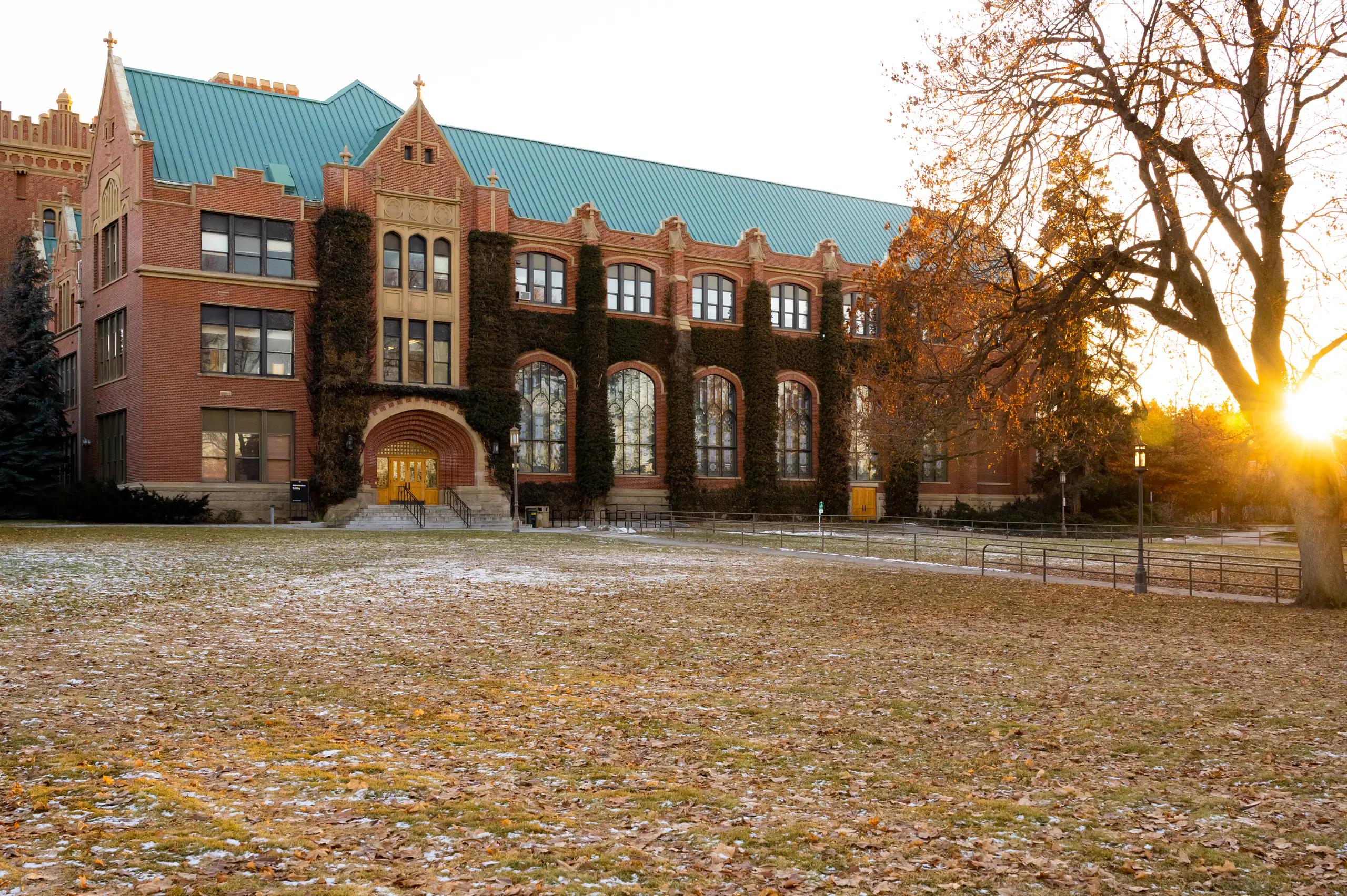 The Admin Building at sunset, between fall and winter.