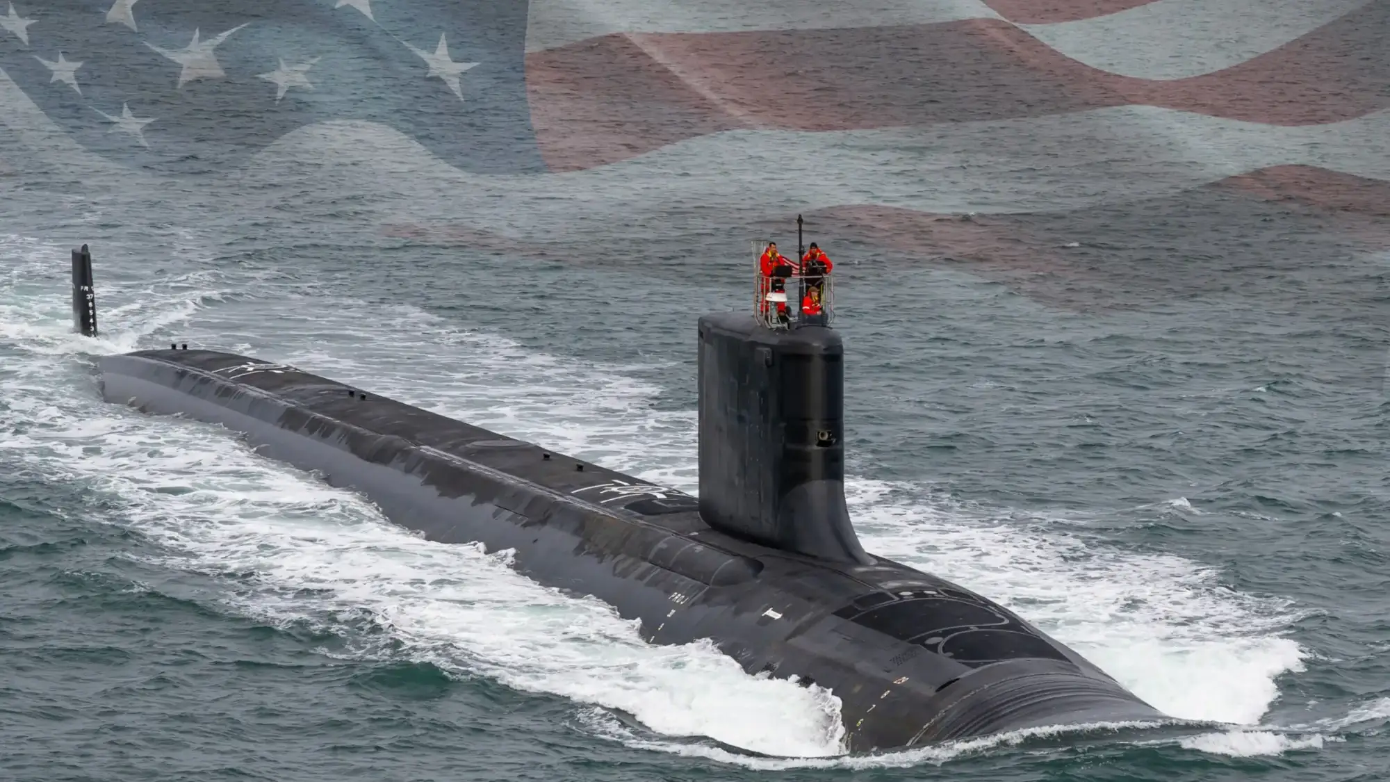 A submarine breaching the ocean with a gradient of the U.S. flag in the background.
