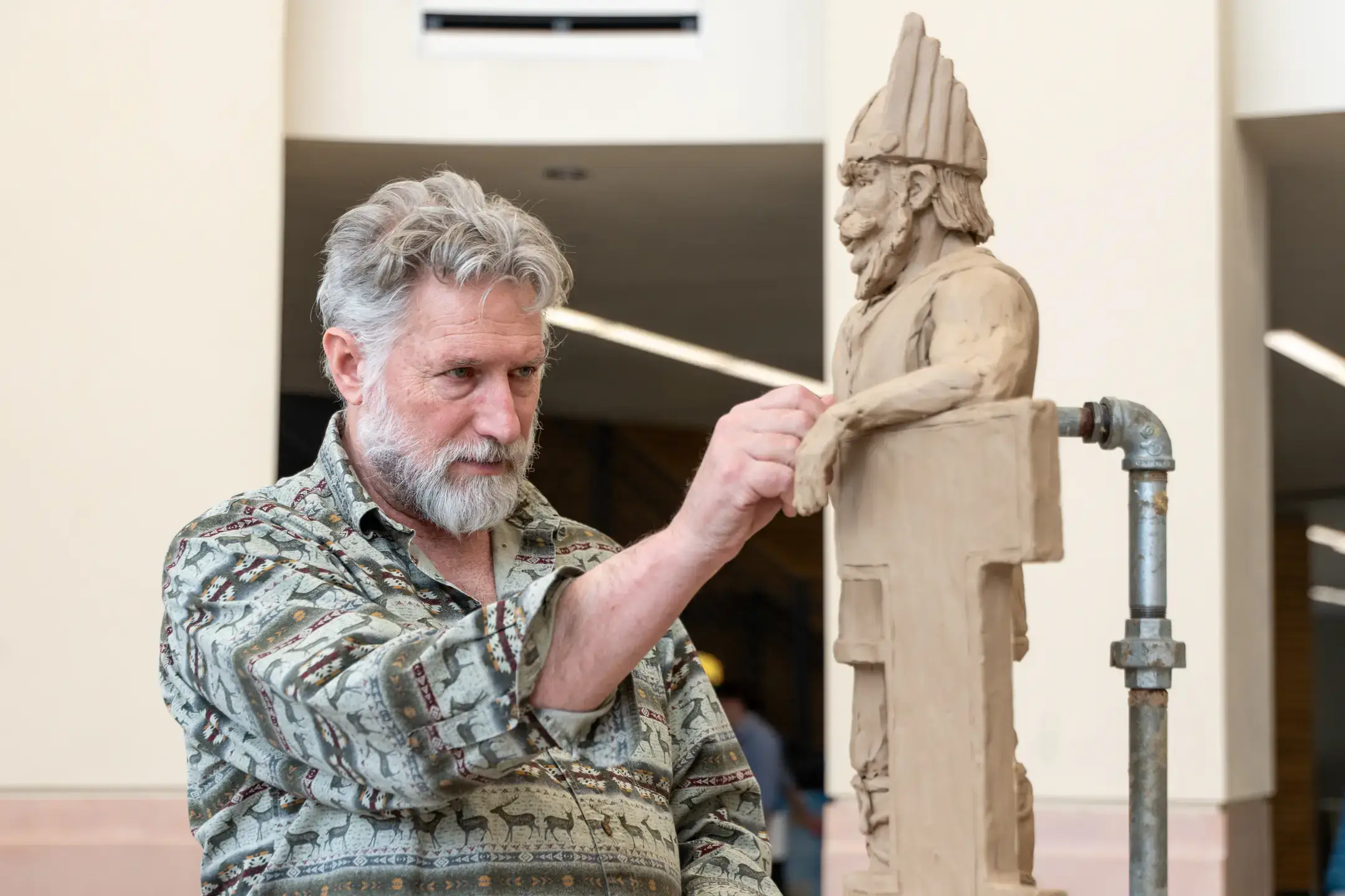 Montana-based artist Gareth Curtiss, who was selected to create a bronze Joe Vandal Monument sculpture, visits the University of Idaho campus in Moscow, ID February 3-7, 2025. Over four days, Curtiss sculpted a clay model, called a maquette in sculpting terms, of what will become the full-scale bronze monument. He also presented a lecture and hosted an open house for campus and community members to attend. The Joe Vandal monument was commissioned to recognize the Associated Students of University of Idaho’s (ASUI) enduring legacy of support for the P1FCU Kibbie Dome and many other vital campus resources. It will be located near the dome and the ICCU Idaho Arena.
