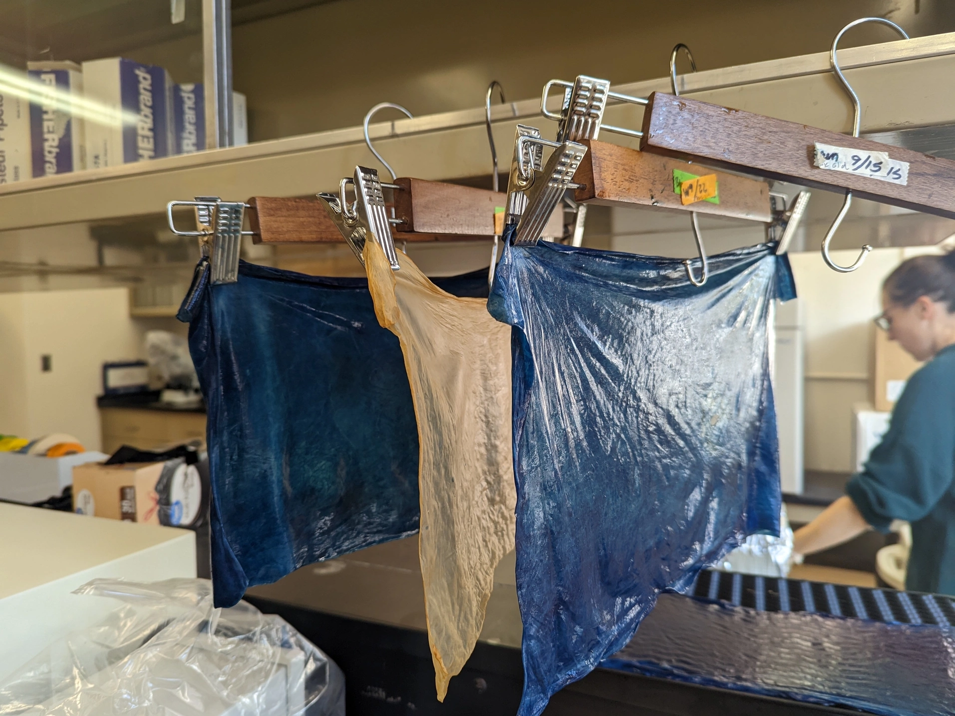 Two blue and one yellow SCOBY leather sheets hang on hangers