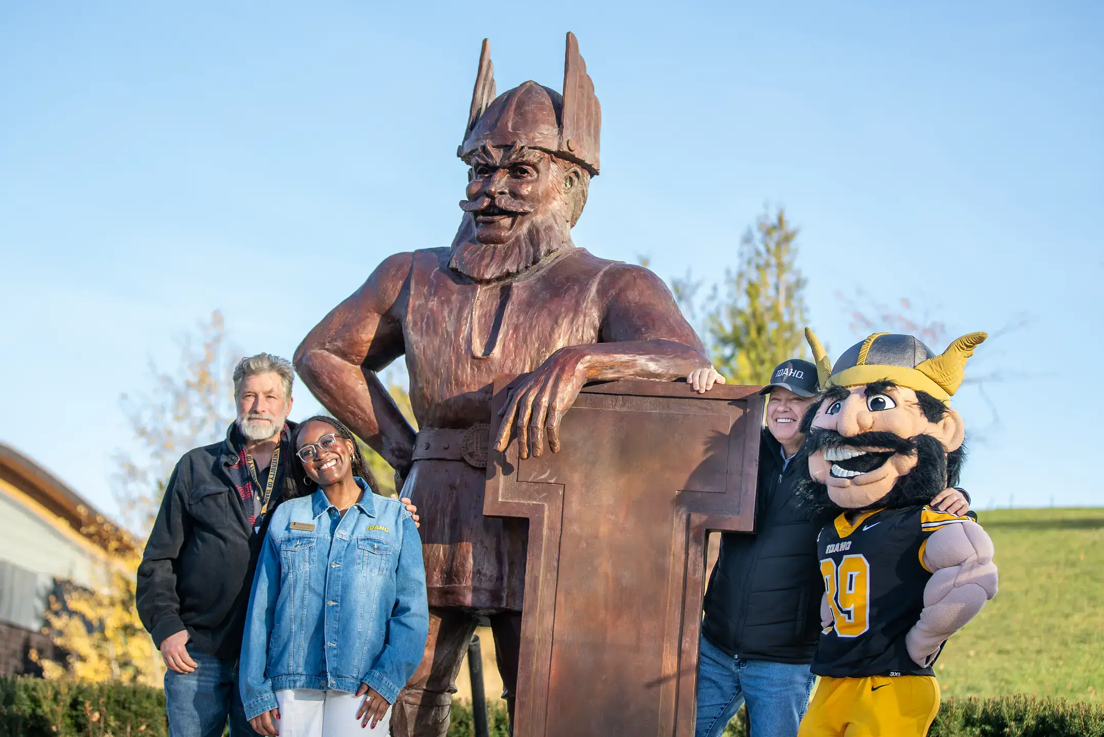 Unveiling ceremony for the bronze statue of University of Idaho mascot Joe Vandal, by sculptor Gareth Curtiss, on the west side of campus, between ICCU Arena and P1FCU Kibbie Dome, on Saturday, November 8, 2025. The university commissioned the larger-than-life statue to recognize the Associated Students of University of Idaho (ASUI) for their decades-long support for the Kibbie Dome and other campus resources and facilities.