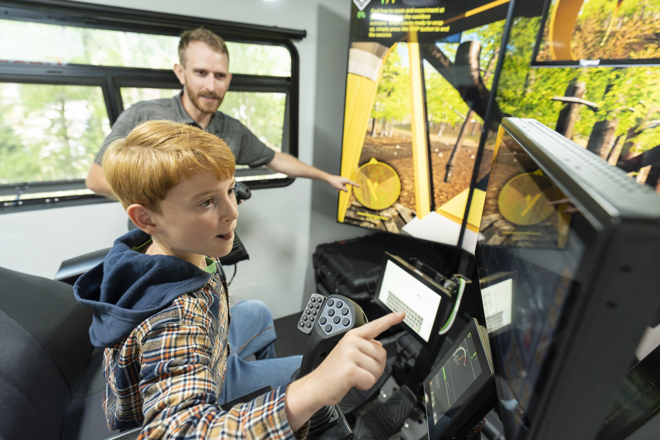 Students and faculty of the Calder School take part in an activity put on by the school and U of I's College of Natural Resources, including using CNR's logging simulator and learning from CNR faculty about forest industry careers. For UCM story about how U of I resources in Moscow, and the county Extension office in St. Maries, assists small, rural schools by bringing technology and lectures to them to aid their education. 